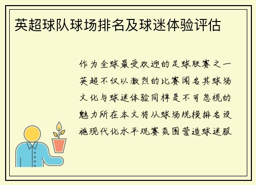 英超球队球场排名及球迷体验评估